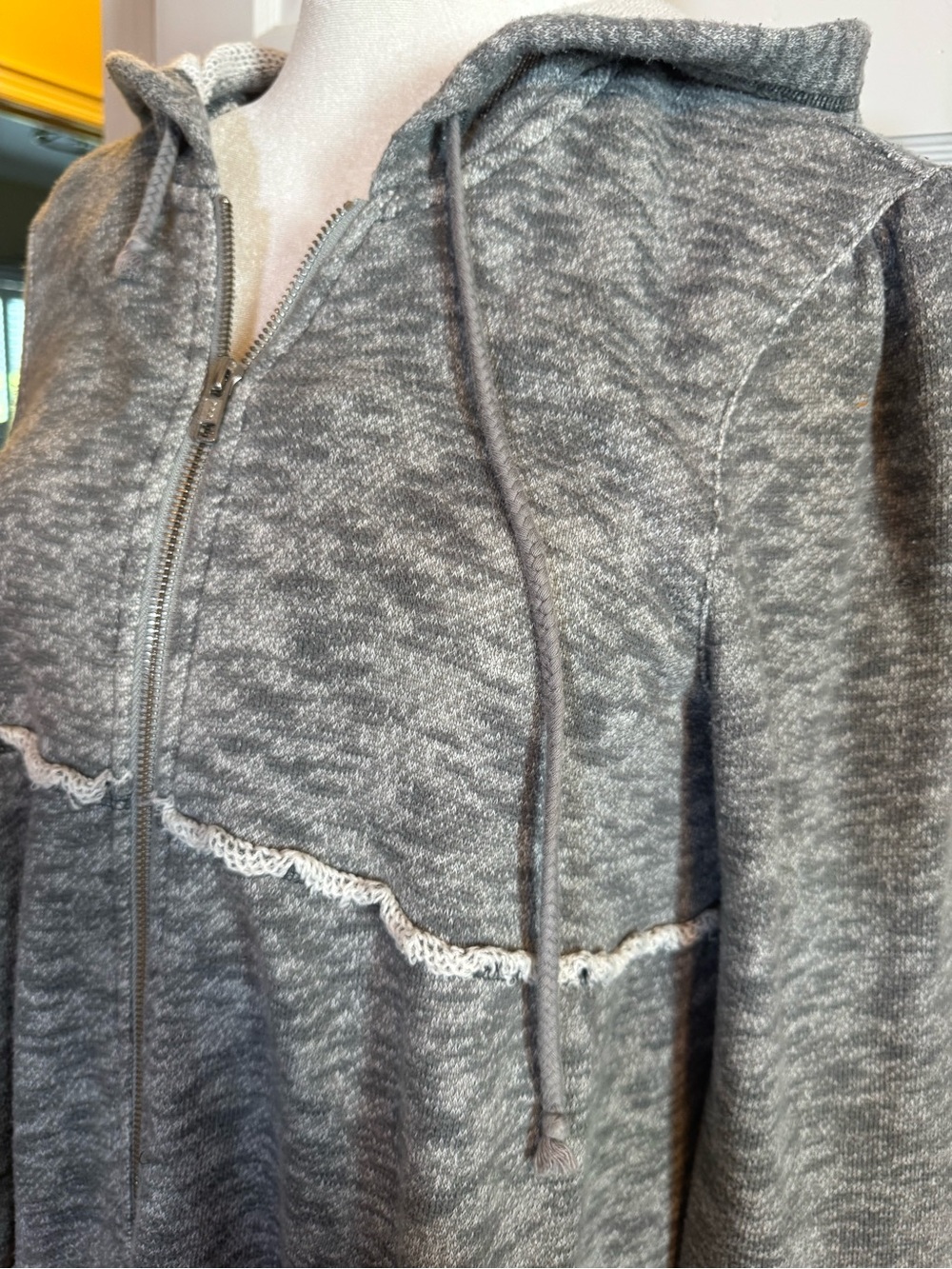 Free People Gray Hooded Zip-Front Ruffle-Tier Sweater Medium cotton Boho - Picture 3 of 8
